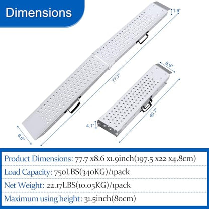 77.7 inches Long and 8.6 inches Wide Heavy Duty Folding Loading Ramp, 1500lb Capacity, Motorcycle; Lawn Mower; Snow Plough; Bikes; ATV; UTV; Golf Carts,Circular Hole, Pack of 2