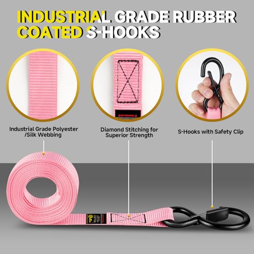4Pcs Ratchet Tie Down Straps Kit for 2400lb Break Strength | 1” x 16FT Tie Down Straps with Soft Loop Tie-Downs & Safety S Hook - Cargo Strap Tie Down for Trucks, Motorcycle, Moving, Appliances - Pink - color: Pink