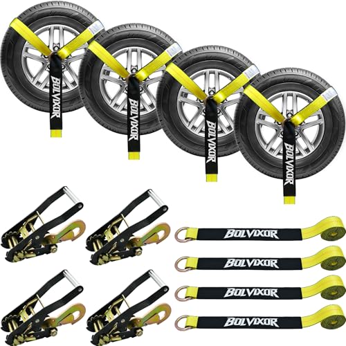 4 Pack Car Tie Down Straps for Trailers - 2" x 96" - 9900LBS Break Strength - Tire Ratchet Strap with Snap Hooks - Adjustable Wheel Straps for Hauling UTV, SUV, Truck, Any Cars - color: Yellow