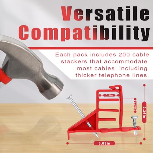 200 Pcs Multi-Cable Staple, Cable Stackers Electrical Wire Stackers, Secures Cable Staples Clips with Steel Nails Suitable Most Cables (Red) - color: Red-With Locking Clip