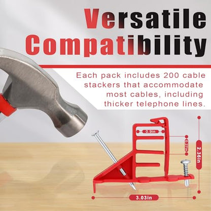 200 Pcs Multi-Cable Staple, Cable Stackers Electrical Wire Stackers, Secures Cable Staples Clips with Steel Nails Suitable Most Cables (Red) - color: Red-With Locking Clip