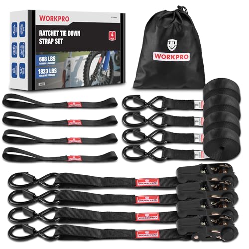 WORKPRO Ratchet Tie Down Straps, 4-Pack | 1" x 15' | 1823 lbs Break Strength Heavy Duty Ratchet Straps with 4PC Soft Loops, Fits for Moving Appliances Motorcycle ATV Truck (Black)
