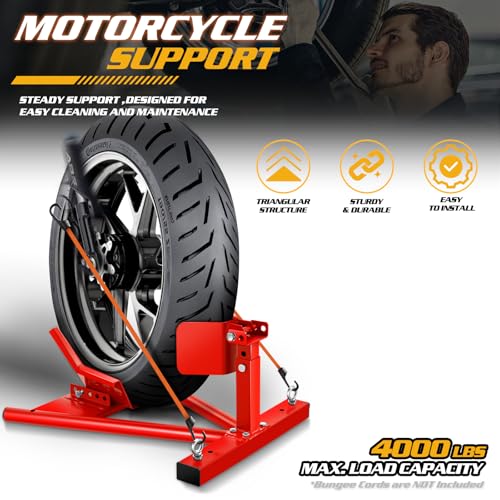 Magshion Motorcycle Wheel Chock, Heavy Duty Motorcycle Stand Front Wheel for 15" to 21" Tires, Wheel Cradle Holder with Car Mount Hook and Bolt-On Option for Trailer or Garage, Red