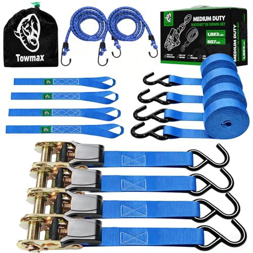 Ratchet Straps Medium Duty 4 Pack -1 Inch x 15 Feet (1,823LB Break Strength)- Motorcycle Tie Down Straps -Soft Loops with Bungee Cords- Ratchet Tie Down Set for Powersports, Motorcycle or Moving Cargo - color: Blue, size: 1823lb - 15ft