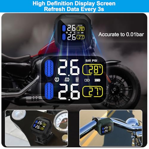 OBEST Upgrade Motorcycle TPMS Tire Pressure Monitor System with 2 External Sensors, USB Rechargeable IP67 Waterproof Motorcycle TPMS, LCD Display Motorbike Tyre Temperature Alarm