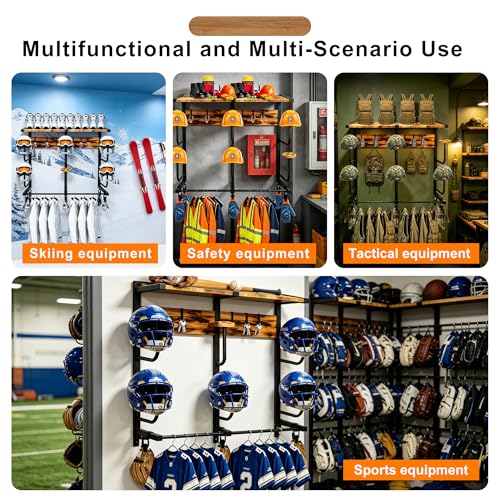 Motorcycle Helmet Holder Wall Mount, Motorcycle Gear Rack with 6 Hat Stands, Helmet Stand for Most Helmet and Clothes, Sturdy Construction Storage Organizer for Garages or Indoor