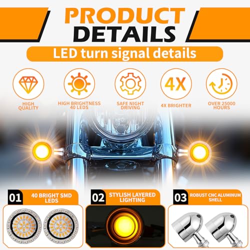 DREAMIZER Motorcycle Led Turn Signal Lights 2pcs,Bullet Blinker Motorcycle Front Rear Lights W/Running Light Universal Compatible with Harley Honda Suzuki Triumph Yamaha Bobber Cafe Racer Chopper - color: A-Front/Chrome shell + yellow-white light
