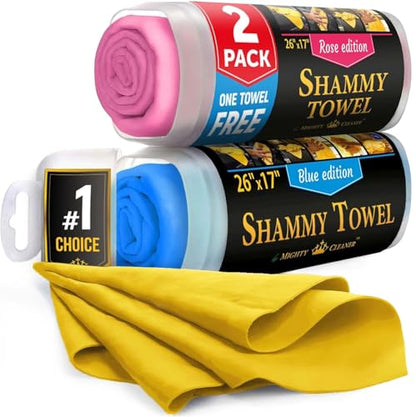 Premium 2pk +1 Free Shammy Cloth for Car Drying - 26"x17" - Super Absorbent Chamois Towel - Scratch-Free, Reusable & Soft Wash Cloth - Car Drying Towels - color: Pink, Blue, Yellow