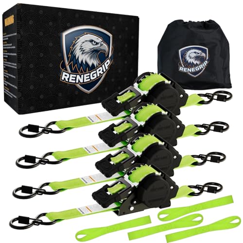 Retractable Ratchet Straps Heavy Duty Tie Down 1''*12ft Breaking Strength 1760LBS Cargo Securing System,for Motorcycle,UTV,ATV,Trailer(Neon Green,4Pack) - color: Neon Green, size: 4Pack