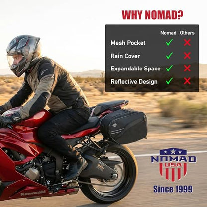 Nomad Motorcycle Saddlebags 24–30L Expandable (15L*2) – Waterproof, Detachable Side Bags for Ninja 400/500, Grom, CBR500R, CB500X, KTM Duke, & All Sport, Dirt & Dual Sport mini motorcycle Bikes
