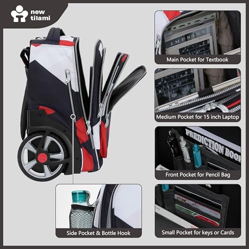 NEW TILAMI 20" Rolling Backpack for Teens Adults, Climbing Stairs Waterproof Backpack with Wheels for School Business Trave Camping with Laptop Compartment, Fit 17 Inch Laptop, Black - Red Combo - color: Black - Red Combo