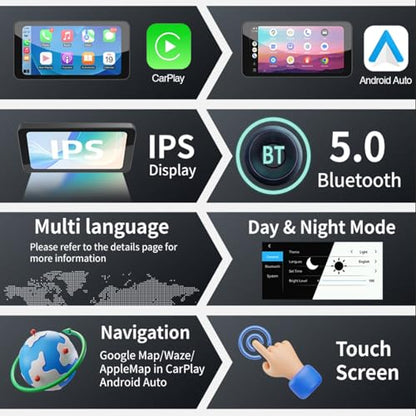 Motorcycle CarPlay & Android Auto, 6.5 Inch Wireless Carplay Screen with GPS Navigation, IP67 Waterproof Touchscreen, Bluetooth, Portable Screen for Motorbike, Dual Bluetooth, Siri, G-Assist - size: 6.5 inch