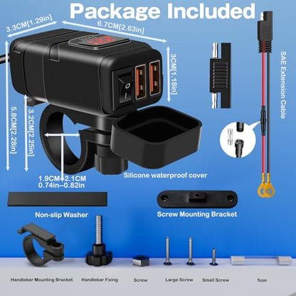 Motorcycle Phone Charger,Dual USB 6.8A Quick Charge 3.0 Motorcycle Handlebar Charger with Voltmeter & ON/Off Switch, Waterproof SAE to USB Adapter for Phone, Tablet, GPS (Red) - color: Red