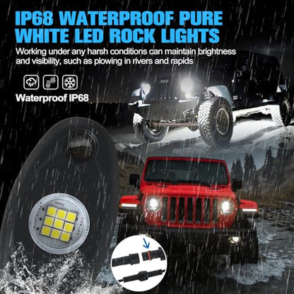 24pods White Rock Lights kit Dc 12v-80v 6000k Aluminum Pure White Led Rock Lights with Switch Wiring Harness Kit Ip68 Waterproof for Trucks Pickup Offroad Car SUV Utv ATV Rv Fends Underglow Lights - color: White-24Pcs + Switch Wiring Harness