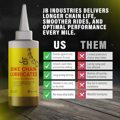 JB Industries Bike Chain Dry Lubricant, 4 oz – Long‑Lasting Bicycle Chain Lube for Dry & Dusty Conditions – Reduces Friction & Noise – Quick‑Drying Formula with Precision Drip Applicator