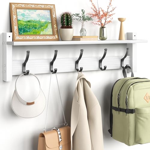 Optish Coat Rack Wall Mount with Shelf, 24 Inch Coat Hanger Walls Mounted, Hat Rack for Walls, Shelf with 5 Coat Hooks, Wall Hanger for Entryway (White) - color: White, size: 24 Inch