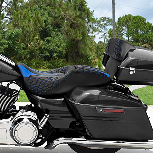 C.C. RIDER Motorcycle Seat Driver Passenger Touring Seat with Backrests for Harley Davison Electra Glide Classic Street Glide Road Glide 2014-2023 - color: Black Blue Seat + Tour Trunk Backrest