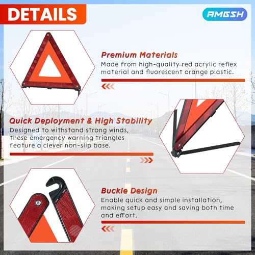 3Pack Safety Triangles Kit, Reflective Triangles Roadside, Standard Emergency Triangles with Case Warning Triangles for Vehicles Breakdown
