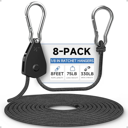 Fondwell 1/8" Adjustable Grow Light Hangers: 8 Pack of Tie Downs Rope - Small Ratchet Straps for Various Hanging and Strapping - size: 1/8" 8-Pack