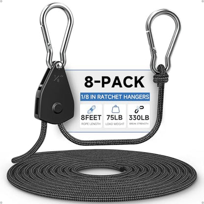 Fondwell 1/8" Adjustable Grow Light Hangers: 8 Pack of Tie Downs Rope - Small Ratchet Straps for Various Hanging and Strapping - size: 1/8" 8-Pack