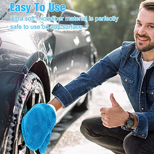 Remerry 6 Pcs Microfiber Mitts with Thumb for Cars Paint Wash Gloves Terry Weave Dusting Mitts - color: Blue