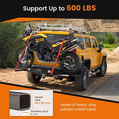 Goplus Motorcycle Hitch Carrier, 600LBS Motorcycle Carrier Hitch Mount with 2 Straps, Loading Ramp, Dirt Bike Trailer, Heavy Duty Motor Cycle Rack, Fit Up to 7.5” Wide Tire