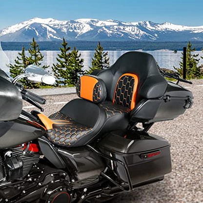 C.C. RIDER Motorcycle Hammock Seat+ Rider Backrest+ King/Chopped Trunk Backrest Pad Fit for Harley 2014-2023 Touring Road King FLHR Street Glide FLHX Road Glide FLTRX Electra Glide FLHT - color: 23# Orange (Seat+ 2 Backrests)