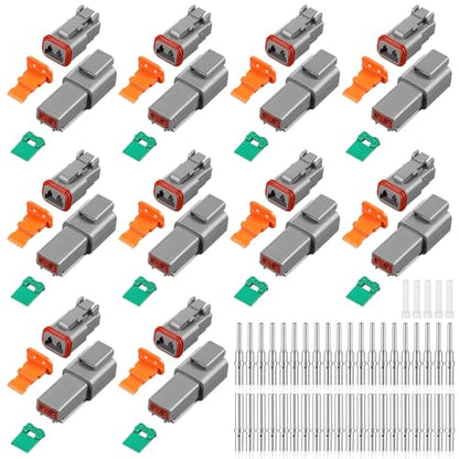 Sabary 85 Pcs 2 Pin Connector Kit Compatible with Deutsch DT Style, 10 Sets Gray DT04-2P DT06-2S Waterproof Connectors with Size 16 Solid Contacts for 20-14 AWG Truck Marine Motorcycle Wiring Repair