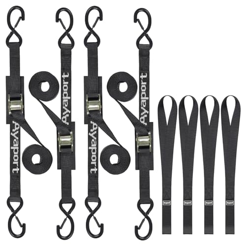 Ayaport Cam Buckle Tie Down Straps 8ft 1250lbs Break Strength 4 pcs Securing Straps with S Hooks for Motorcycle, Car, Truck, Dirt Bike - size: 1"x8'-4pcs