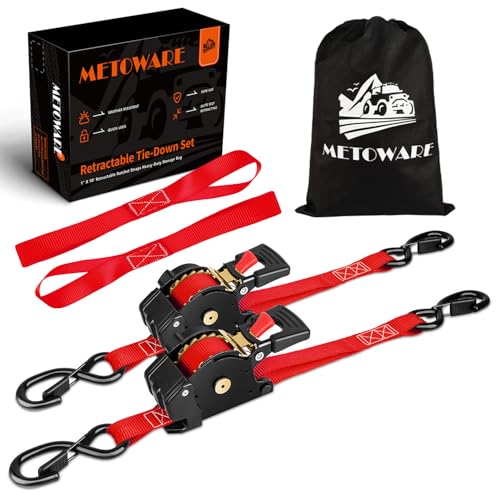 METOWARE Retractable Ratchet Straps (2-Pack) - 1 in x 10 Ft (1500lb Break Strength) - Heavy Duty Auto Self Retracting Tie Down Straps for Truck, Trailer, Cargo Van, Motorcycle - Red - color: Red, size: 2-pack