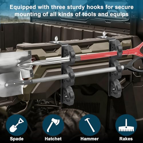 Dual Tool Hooks Mount Holder Compatible With For UTV Polaris Ranger 1000 xp 900 800 700 500 570 General 1000 With 1-7/16" Hole Cargo Bed Mount Shovel Farm Hunting Tool Carrier Storage Rack