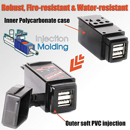 MOTOPOWER MP0608A 3.1Amp Motorcycle Dual USB Port SAE to USB Adapter Battery Monitor with Switch Control and LED Indicator
