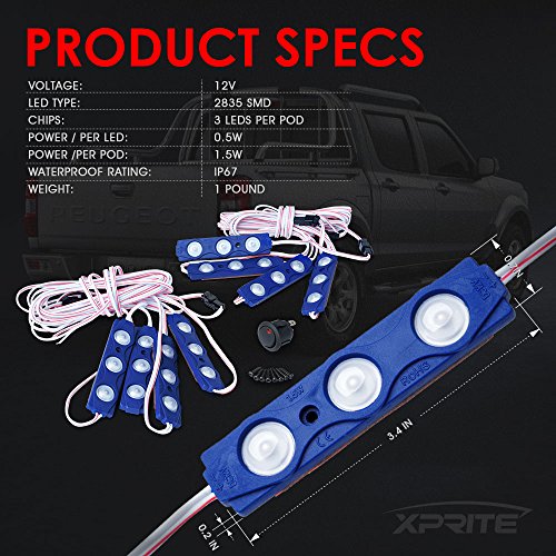 Xprite Blue LED Truck Bed Light Kits Rock Lights with On/Off Switch, for Pickup Footwells, Running Boards, Cargo, Under Car, Tonneau Cover, Rail Lighting - 8 PCs - color: Blue