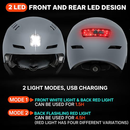 DKONI Bike Helmet with LED Lights Bicycle Helmets Commuter Cycling Helmet USB Rechargeable Front & Back LED Light Helmet for Adult Men Women - color: Grey, size: Large: 22-24 inch (56-61cm)