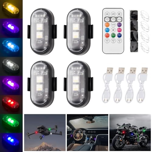4PCS Wireless LED Strobe Lights with Remote Control, Waterproof USB Charing 8 Colors Mini LED Lights, High Brightness Anti-Collision Warning Lights for Car, Drone, Truck, Automotive & Bike, Strap - color: Hook-and-Loop Strap Version