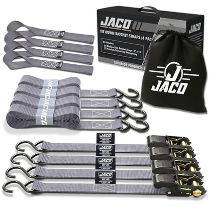 JACO Ratchet Tie Down Straps - 1 inch x 15 ft (Pack of 4) | 1,823 lbs (Grey) - color: Grey
