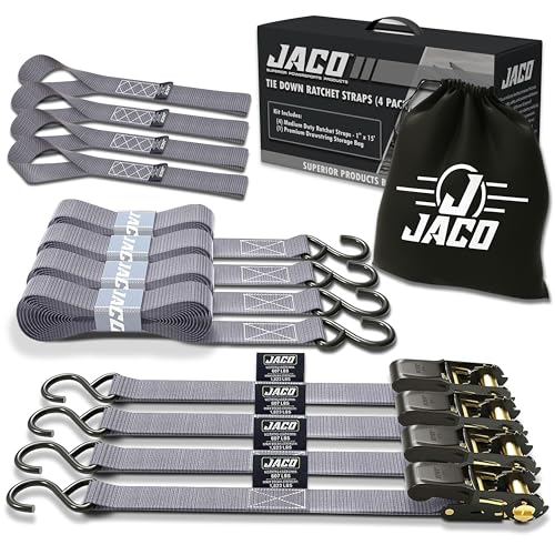 JACO Ratchet Tie Down Straps - 1 inch x 15 ft (Pack of 4) | 1,823 lbs (Grey) - color: Grey