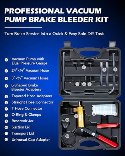 Orion Motor Tech Brake Bleeder Kit with Hand Pump and Pressure Gauge, Hand Vacuum Pump with Brake Bleeder Bottle Adapters Case & Gloves for One Person Brake Fluid Power Steering Fluid Bleeding - color: Black