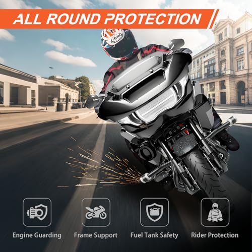 Engine Guard Flat Out Crash Bar for 2014-2025 Harley Touring Street Glide Road Glide Road King Electra Glide Ultra Models (Gloss Black w/Silver CNC) - color: Gloss Black w/Silver CNC