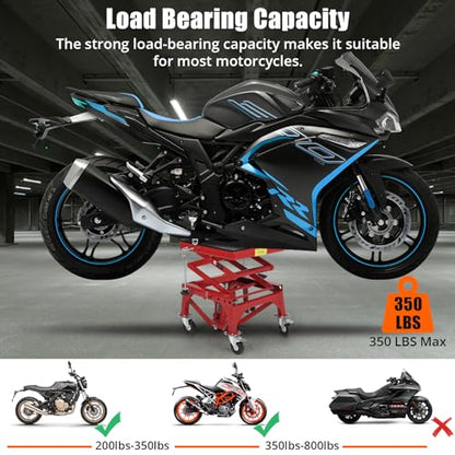 350 Lbs Heavy Duty Hydraulic Motorcycle Lift Table, Foot Operated Scissor Jack with 4 Wheels for ATV Dirt Bike UTV, Motorcycle Jack Stand for Garage Shop Maintenance & Repair