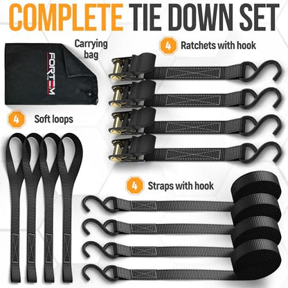 FORTEM Ratchet Straps, Tie Down Strap Set 1650lb Break Strength, 4 Pack 15ft x 1in, 4 Soft Loops, Moving Straps Tie Downs, Cargo Cam Buckles for Trucks, Carry Bag, for Men - color: Black
