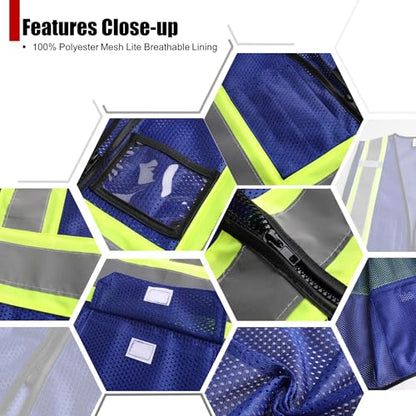 Reflective Safety Vest for Men Women Hi Vis Vest with Pockets High Visibility Vest Mesh Construction Vests Meets ANSI/ISEA Standards (Blue-33, Large) - color: Blue-33, size: Large