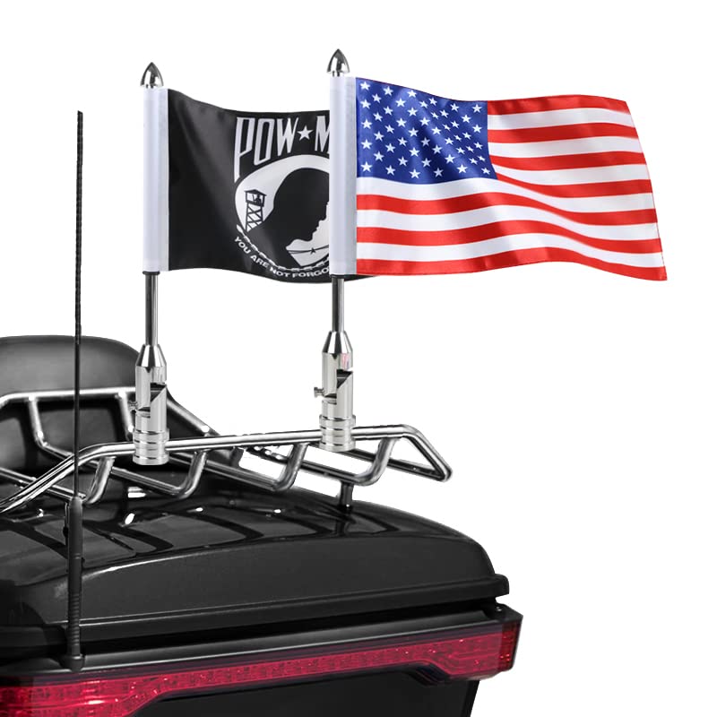 2 Pack Motorcycle Flag Pole Fold Down 90° with American Flag and Pow-mia Flag 6.7'' x 10.2'' Flag Pole Holder Bracket Fit for 1/2'' Tubular Luggage Rack For Harley Touring Spring Honda Goldwing etc - color: US Flag+Pow-mia Flag