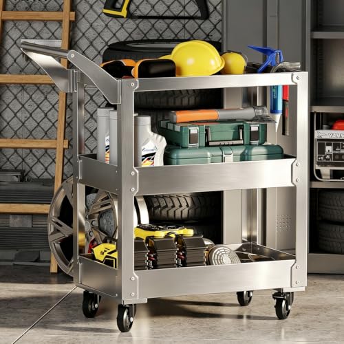 3-Tier Stainless Steel Utility Cart - 15.3” D X 27.7” W x 36.6” H,1100 lbs Heavy Duty Service Cart with Wheels for Mechanics, Garage & Repair Tool Storage.