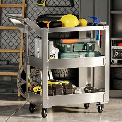 3-Tier Stainless Steel Utility Cart - 15.3” D X 27.7” W x 36.6” H,1100 lbs Heavy Duty Service Cart with Wheels for Mechanics, Garage & Repair Tool Storage.