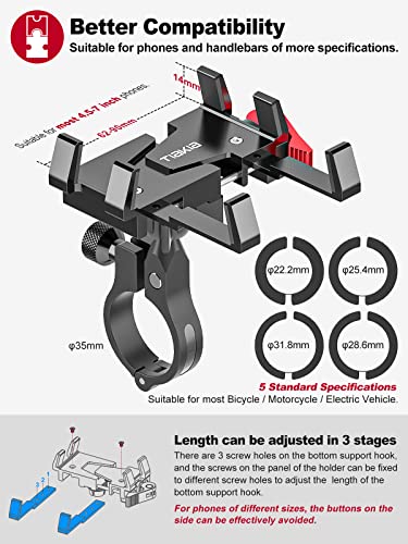 Tiakia Bike Phone Mount Holder, Aluminum Motorcycle Phone Mount, Handlebar Mounted Cell Phone Holder for Bike, 360° Rotation, Universal Bicycle Phone Mount for 4.5-7 Inch Phones - color: Black Red
