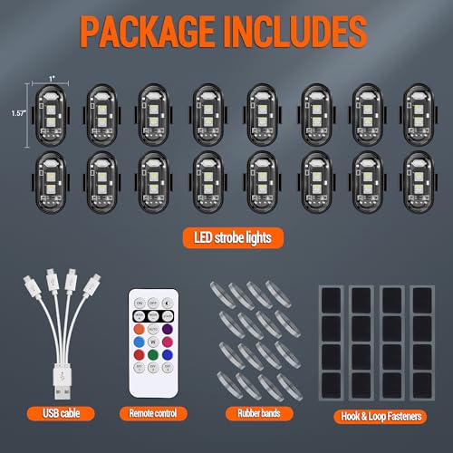 Wireless LED Strobe Lights Remote Control, 8 Colors USB Charing Waterproof Anti-Collision Flashing Emergency Warning Lights for Car Motorcycle Drone Aircraft Bike 16PCS - color: 16pods