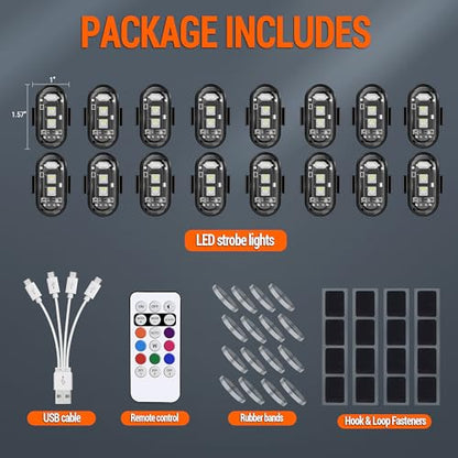 Wireless LED Strobe Lights Remote Control, 8 Colors USB Charing Waterproof Anti-Collision Flashing Emergency Warning Lights for Car Motorcycle Drone Aircraft Bike 16PCS - color: 16pods