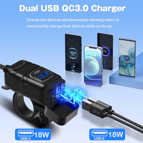 Motorcycle Phone Charger,Dual USB 6.8A Quick Charge 3.0 Motorcycle Charger Adapat with Voltmeter & ON/Off Switch, Waterproof SAE to USB Adapter for Phone, Tablet, GPS (Blue) - color: Blue