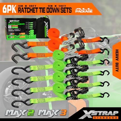 XSTRAP STANDARD 6-PK Ratchet Tie Down Straps, Heavy Duty Motorcycle Straps | 1 Inch 4 x 14ft & 2 x 10ft Tie-down, 3300 lbs Break Strength Cargo Straps with Coated S-Hooks for Moving, Truck, UTV, Trailer